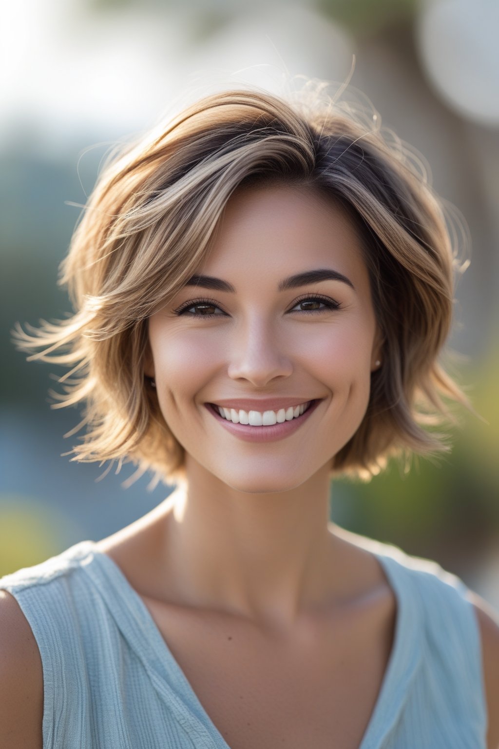 Headshot of a smiling woman outdoors with short layered hair and a natural background.
