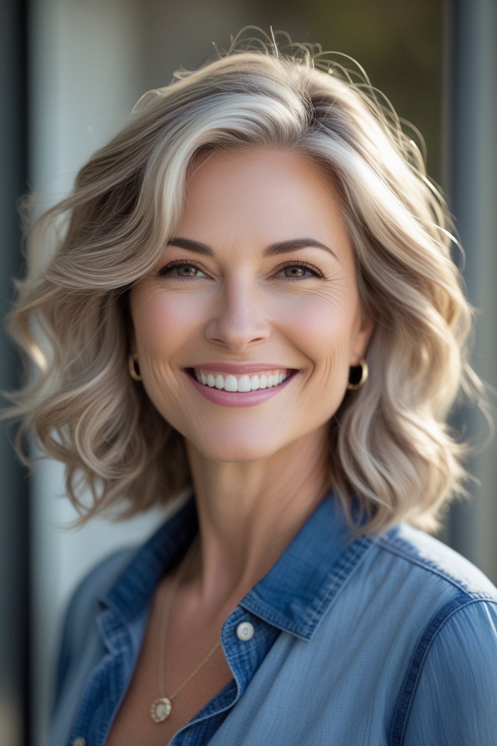 Headshot of a smiling woman outdoors with soft waves and balayage hair.