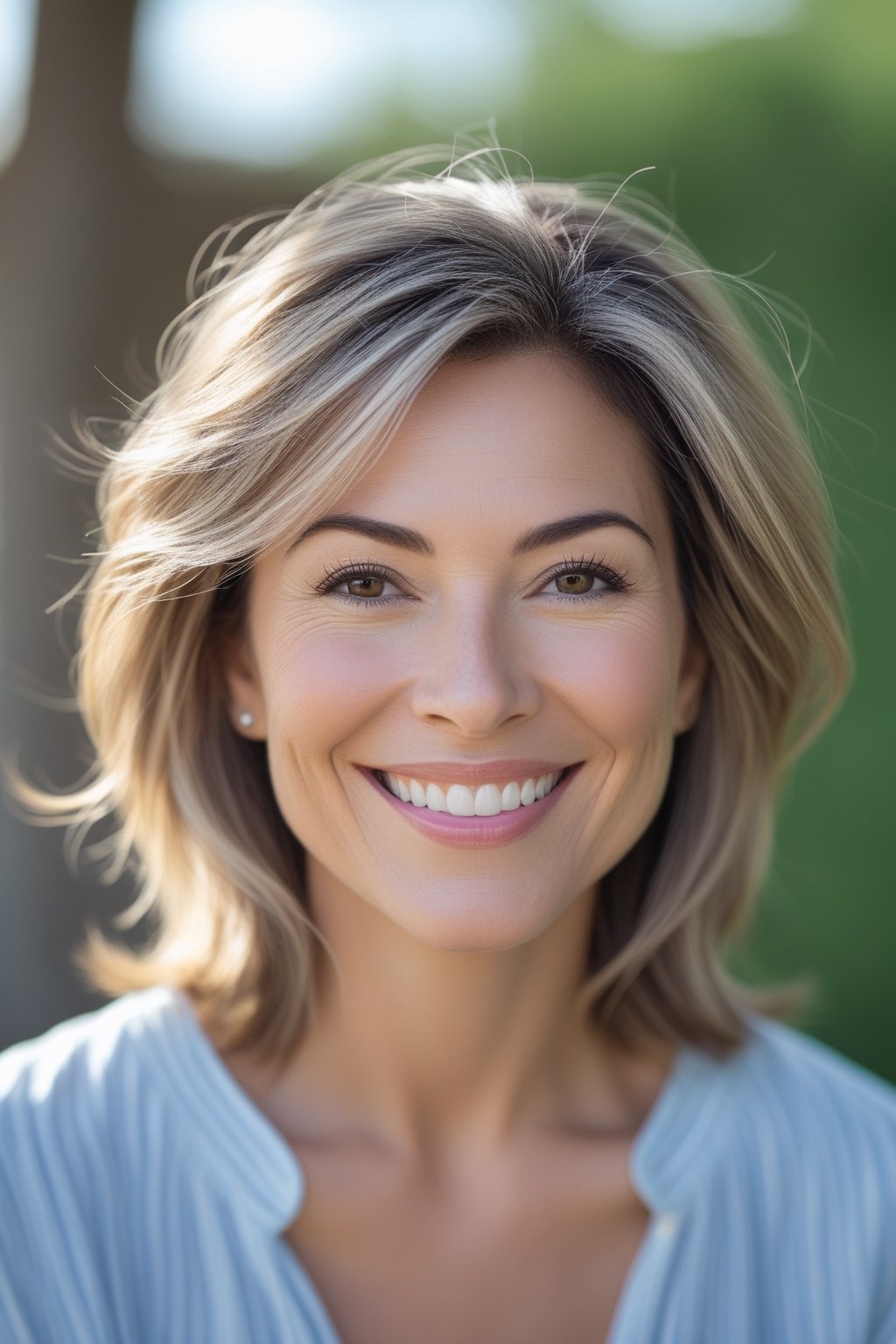 A smiling woman outdoors with layered hair styled in soft flicks, shown in a close-up headshot.