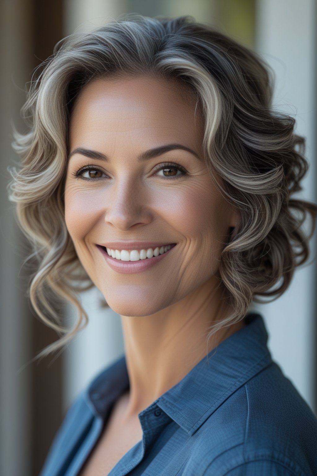Headshot of a smiling woman outdoors with side-swept loose curls hairstyle.