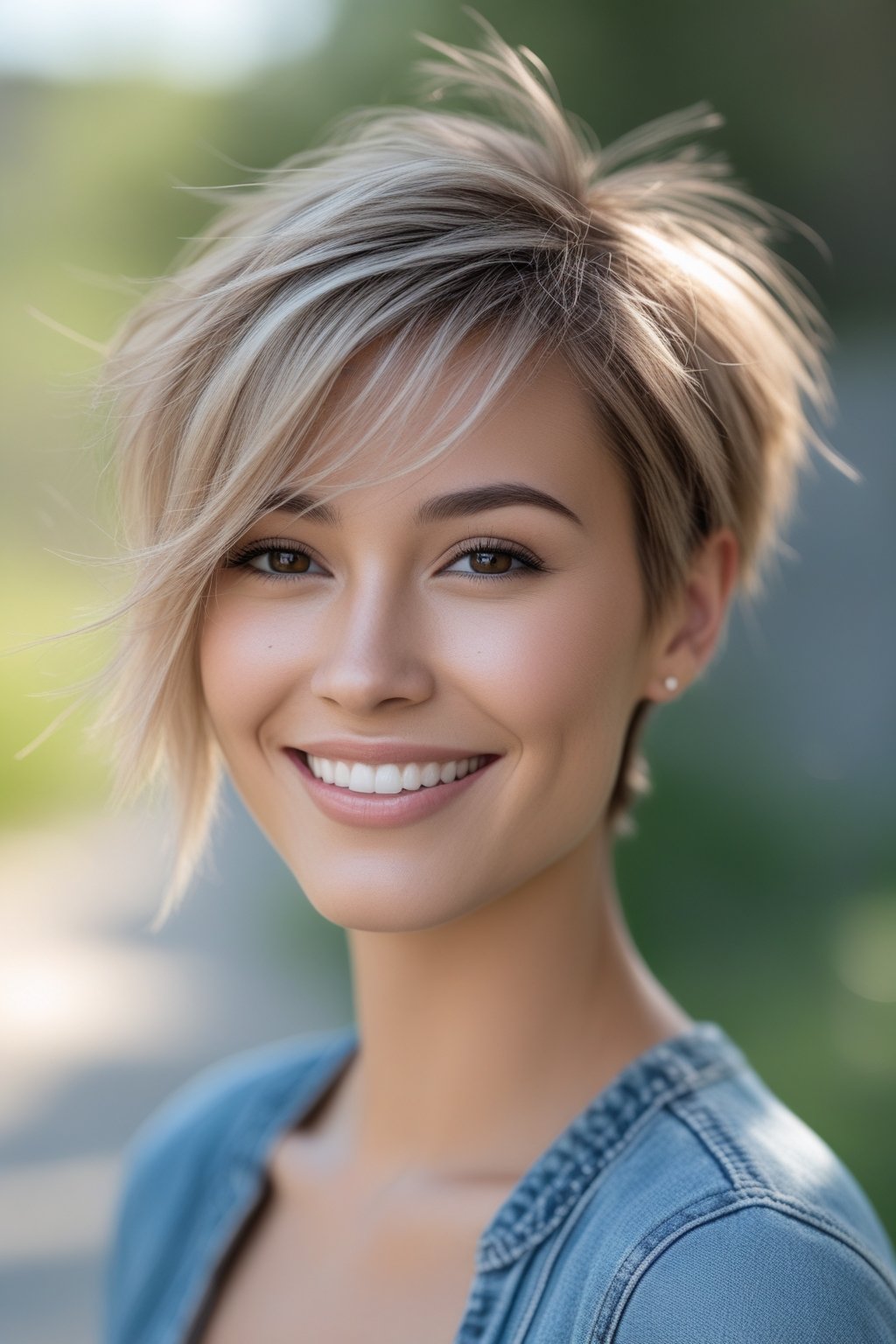Headshot of a smiling woman outdoors with short hair and a side part.