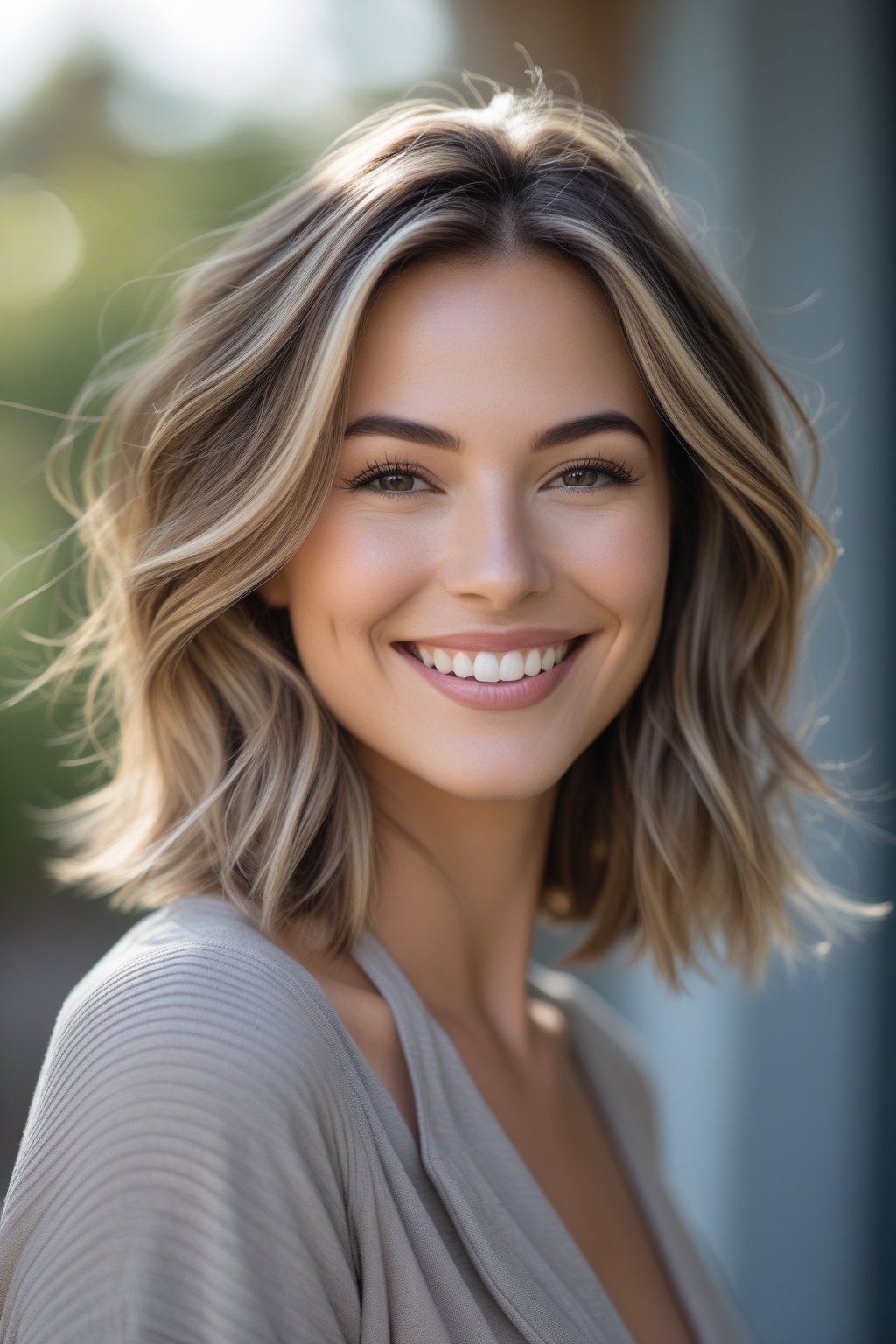 Headshot of a smiling woman outdoors with a textured lob hairstyle and subtle highlights.