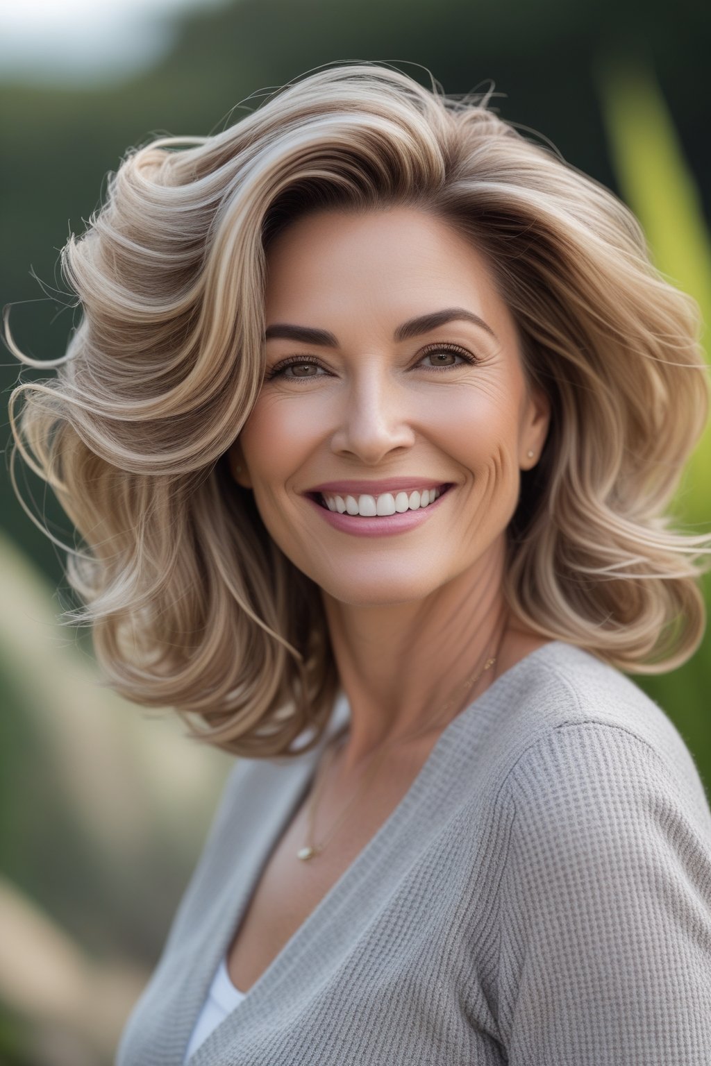 Headshot of a smiling woman outdoors with a voluminous hairstyle and natural background.