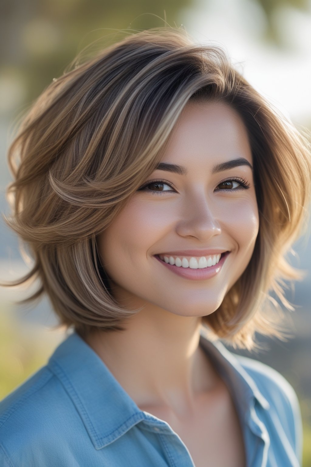 Headshot of a smiling woman outdoors with wavy bob hairstyle and natural skin tone.