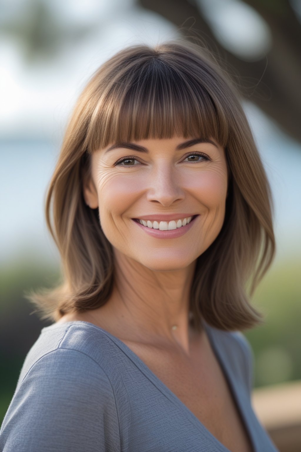 Smiling woman with shoulder-length hair and bangs outdoors in natural light.