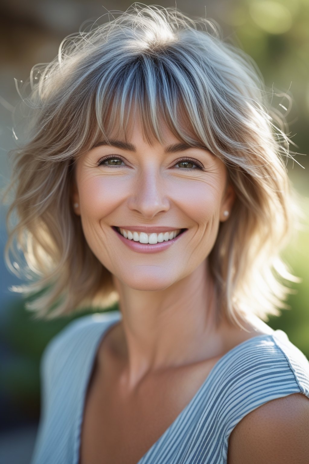 Headshot of a smiling woman outdoors with curtain bangs and textured hair ends.