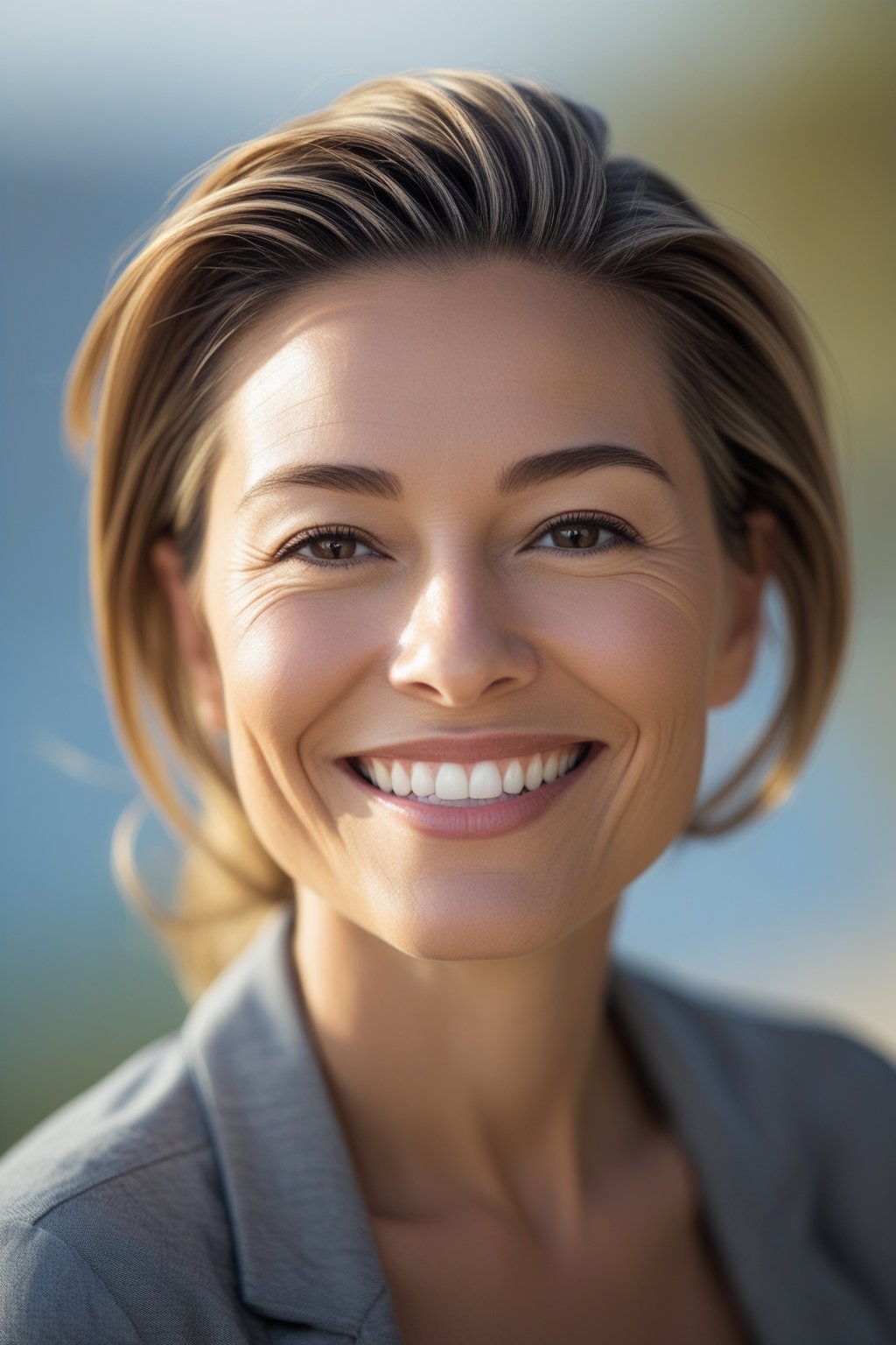 Headshot of a smiling woman outdoors with slicked-back voluminous hair.