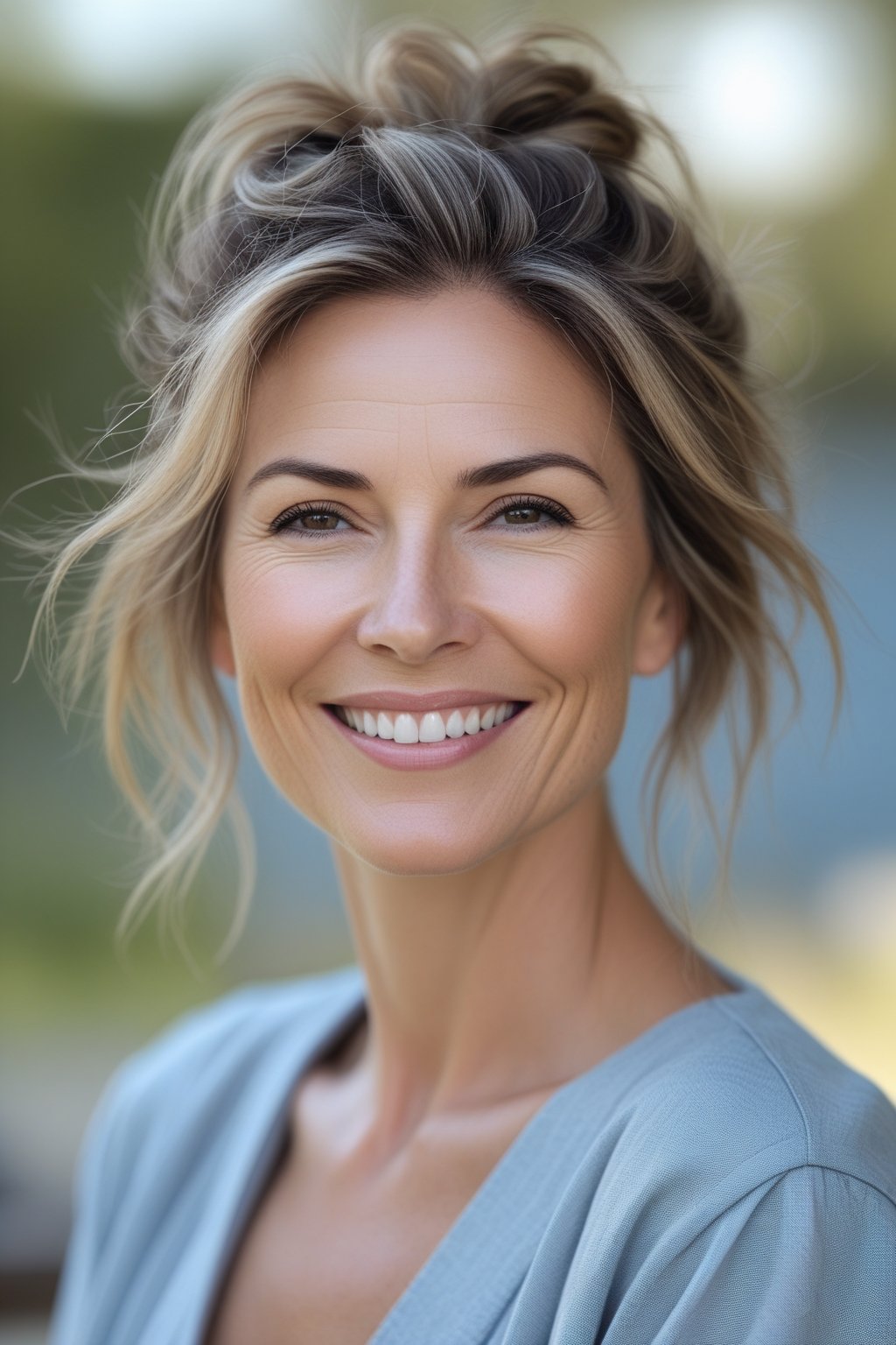 Headshot of a smiling woman outdoors with a low bun hairstyle and loose strands around her face.