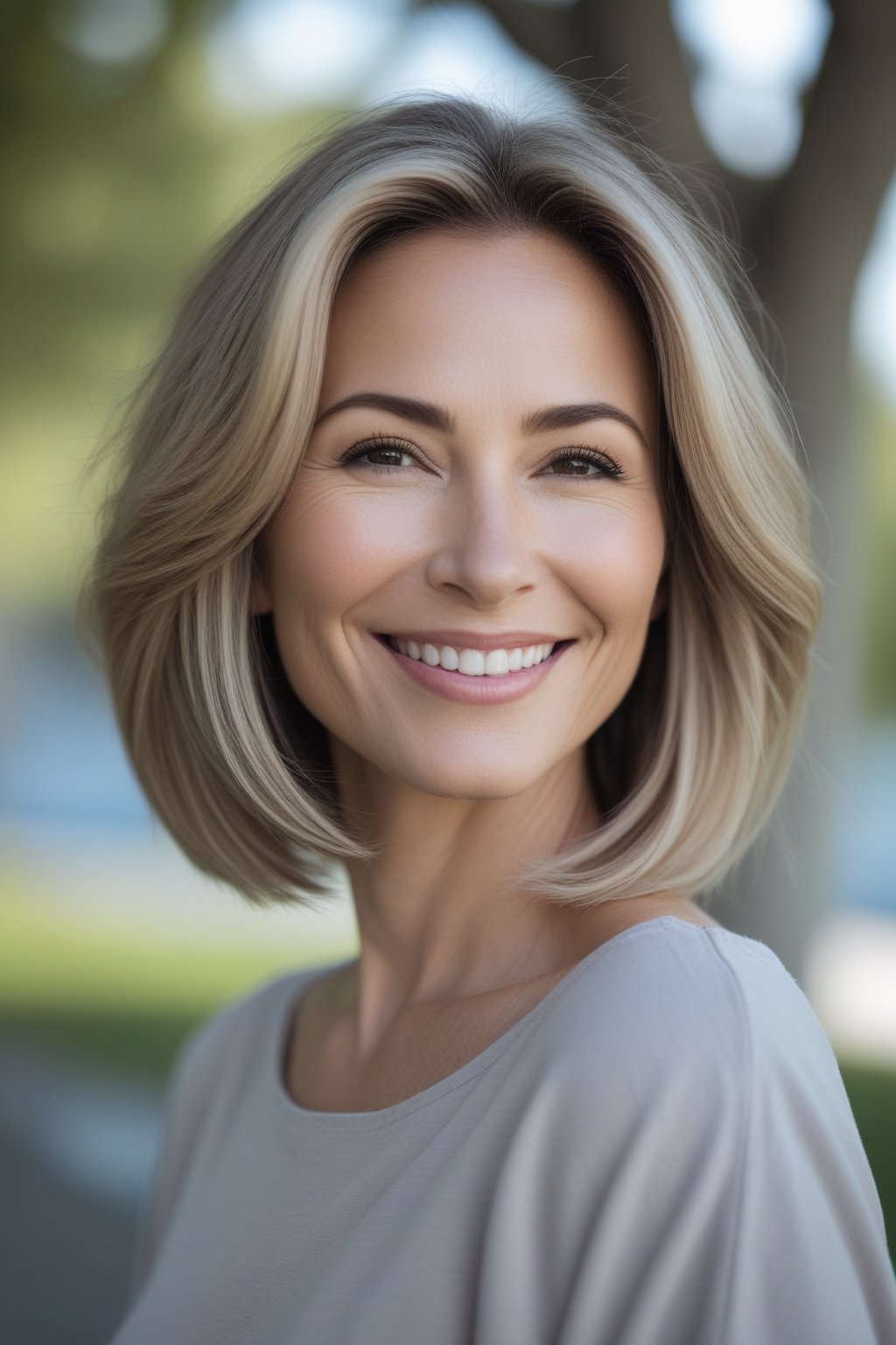 Headshot of a smiling woman outdoors with a soft angled bob hairstyle and natural background.