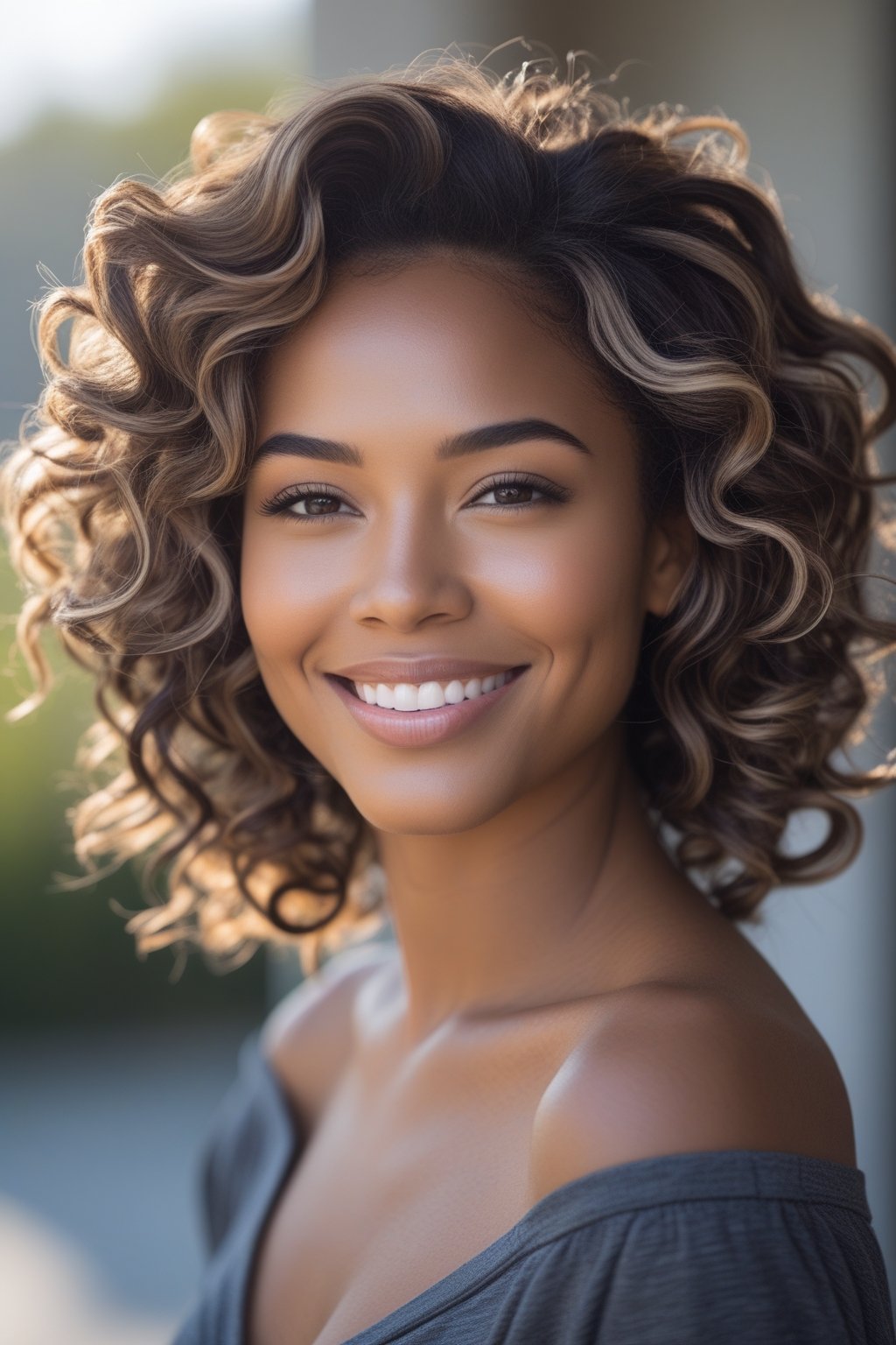 Smiling woman outdoors with layered curly hair and a natural background.
