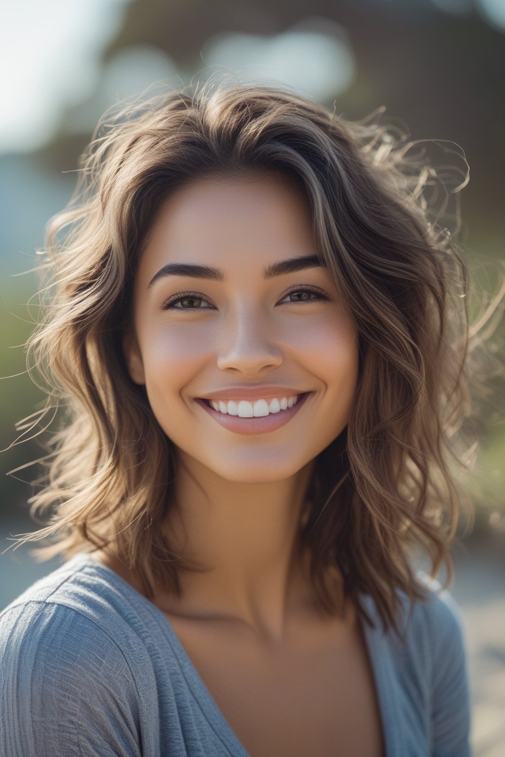 Smiling woman outdoors with messy beach waves hairstyle, looking directly at the camera.