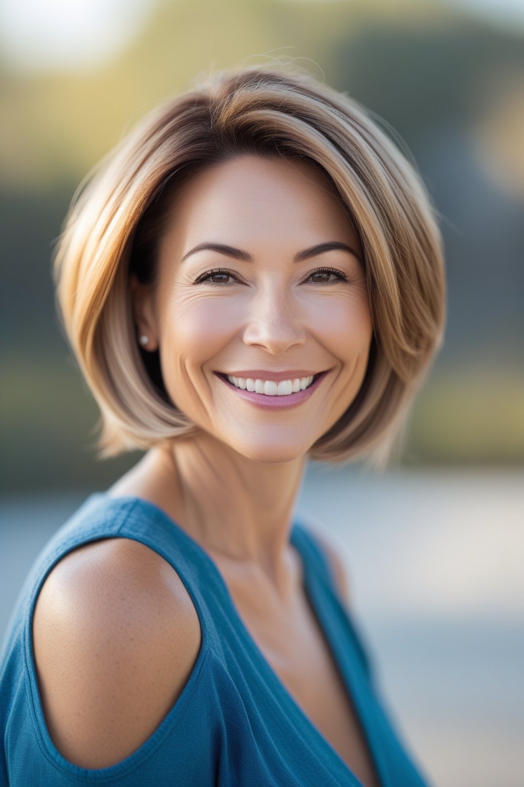 Headshot of a smiling woman outdoors with short hair and a layered color, natural lighting and background.