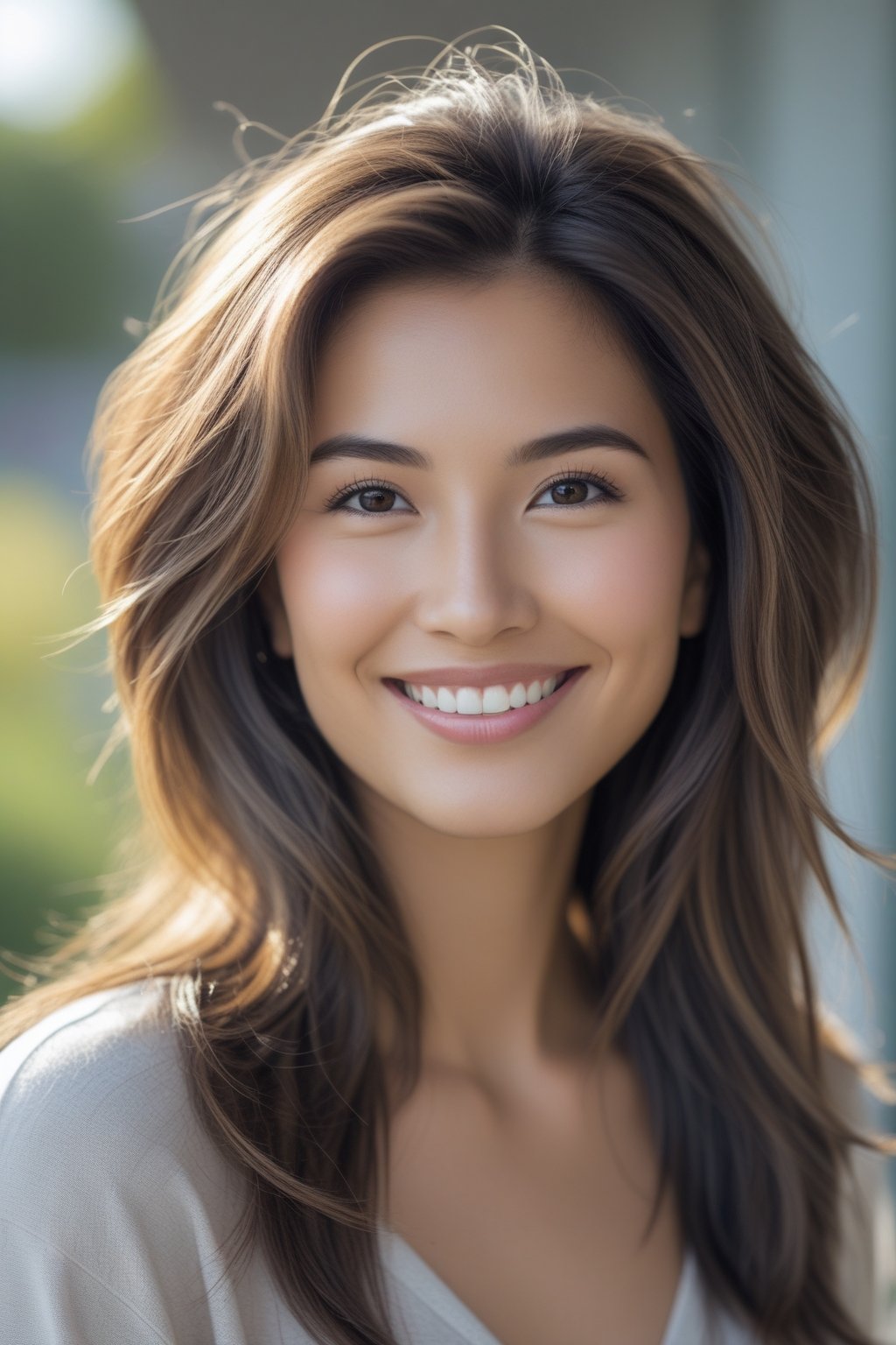 Smiling woman outdoors with long layered hair and face-framing pieces, natural lighting and blurred green background.