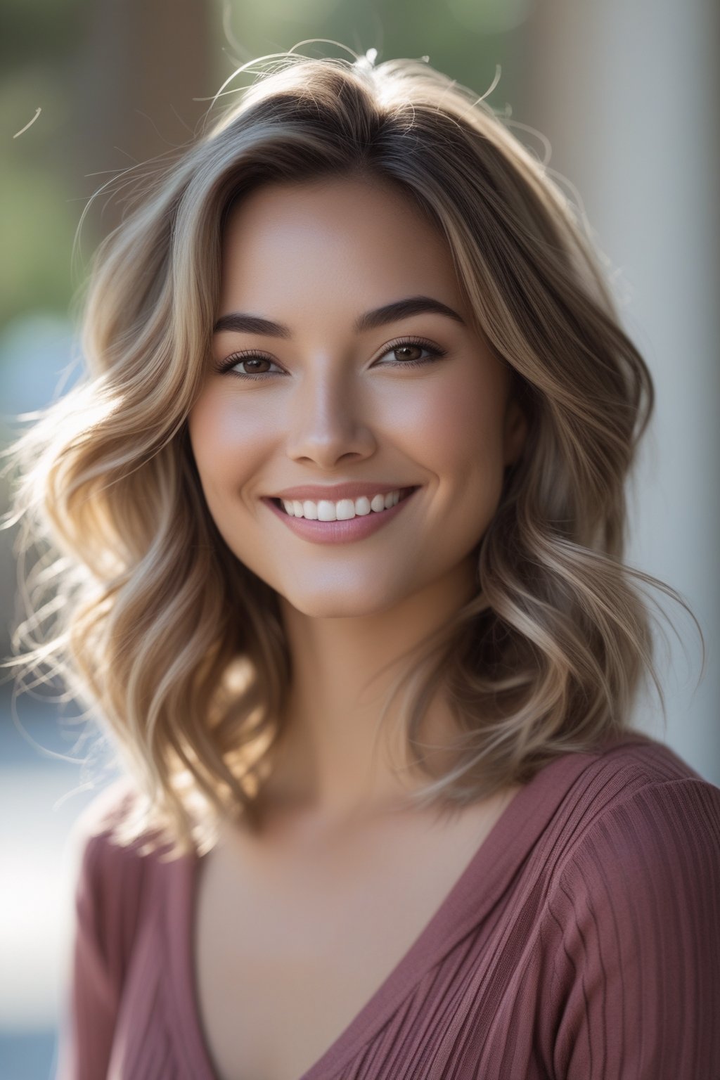 A smiling woman with mid-length loose wavy hair outdoors, shown in a close-up headshot.