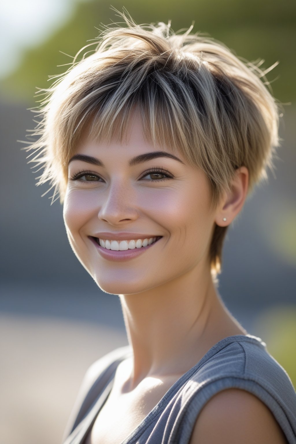 Headshot of a smiling woman outdoors with short highlighted hair.