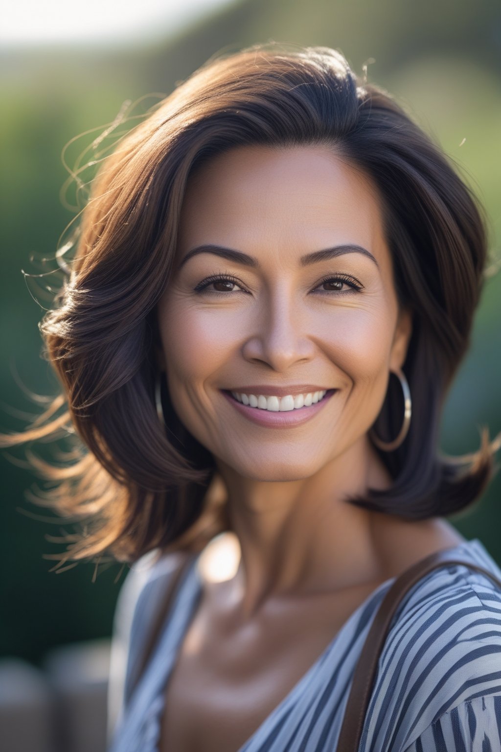 Smiling woman outdoors with a deep side part hairstyle and voluminous hair, looking at the camera.