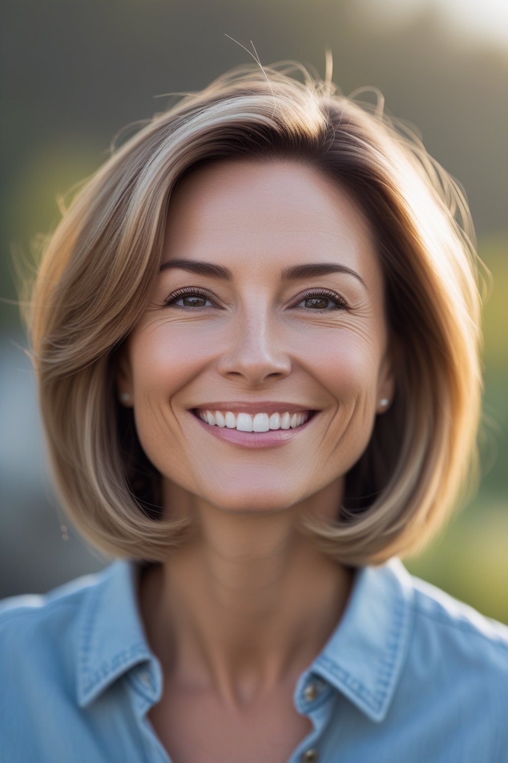 Headshot of a smiling woman outdoors with short hair and natural skin tone.