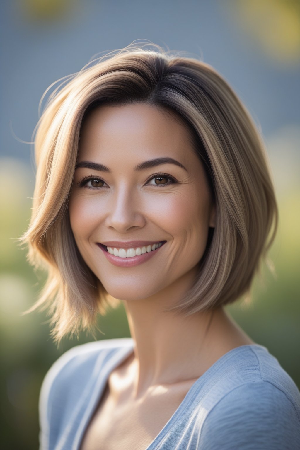 A smiling woman outdoors with an asymmetrical bob hairstyle in a softly blurred natural background.