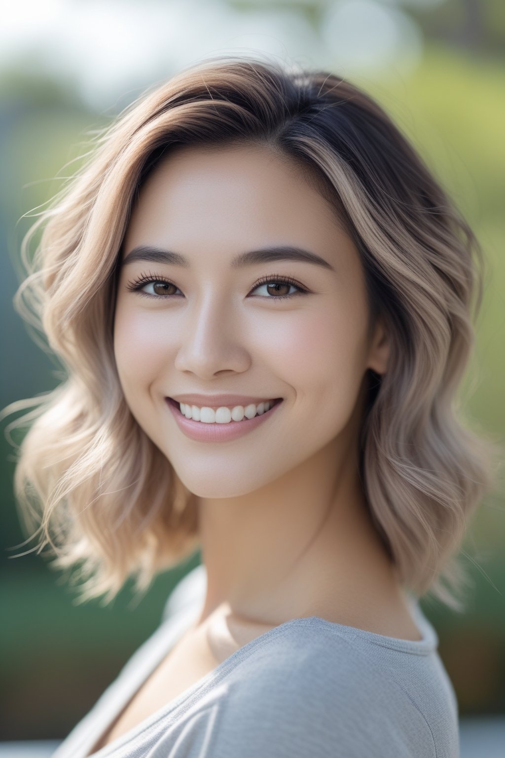 Headshot of a smiling woman outdoors with soft waves in her hair and natural skin tone.