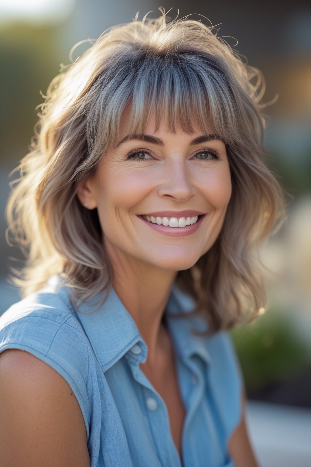 Headshot of a smiling woman outdoors with wispy curtain bangs hairstyle.