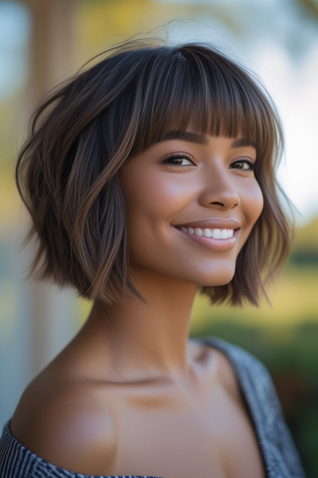 Headshot of a smiling woman outdoors with a blurred natural background.