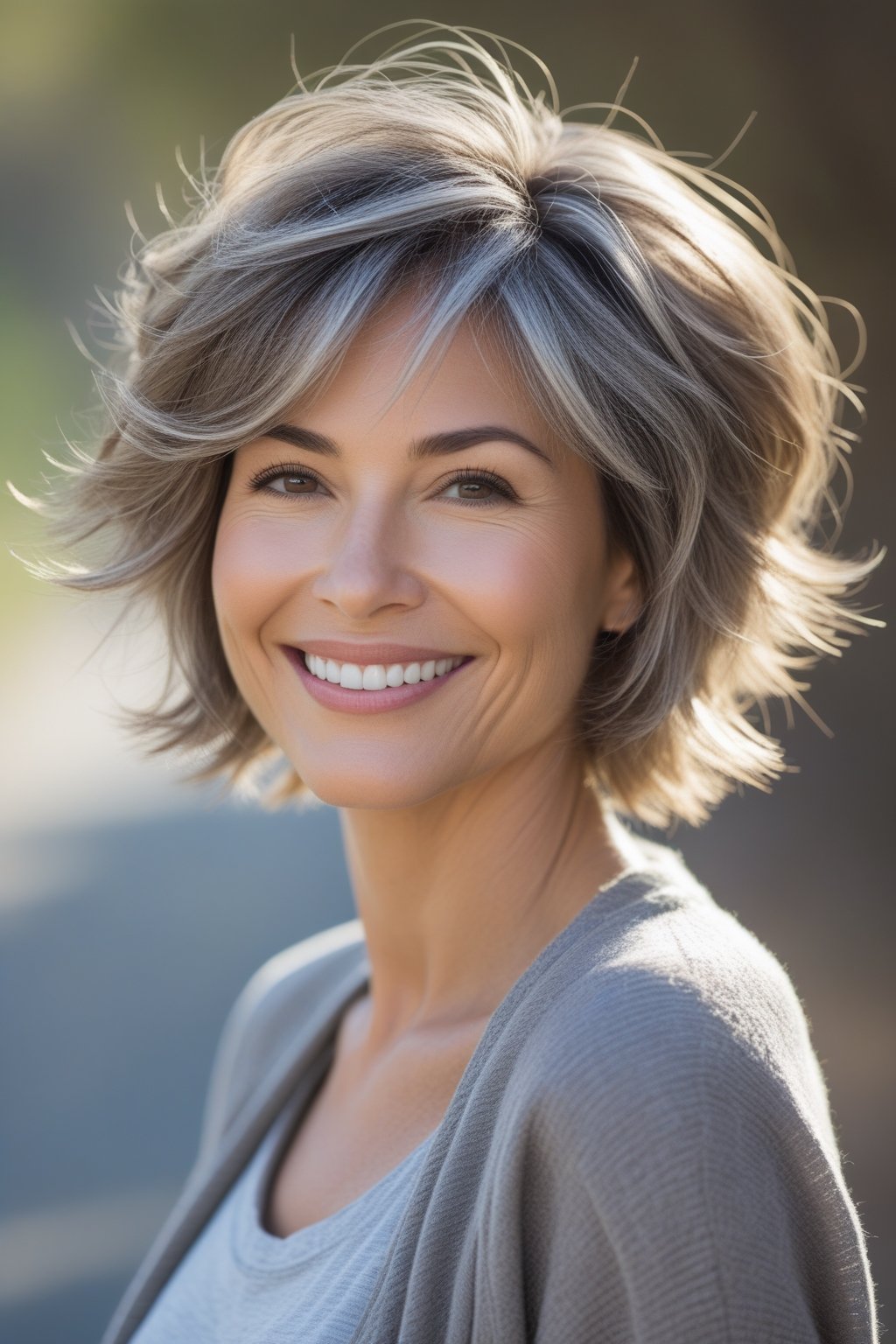 Headshot of a smiling woman outdoors with layered hair and natural lighting.