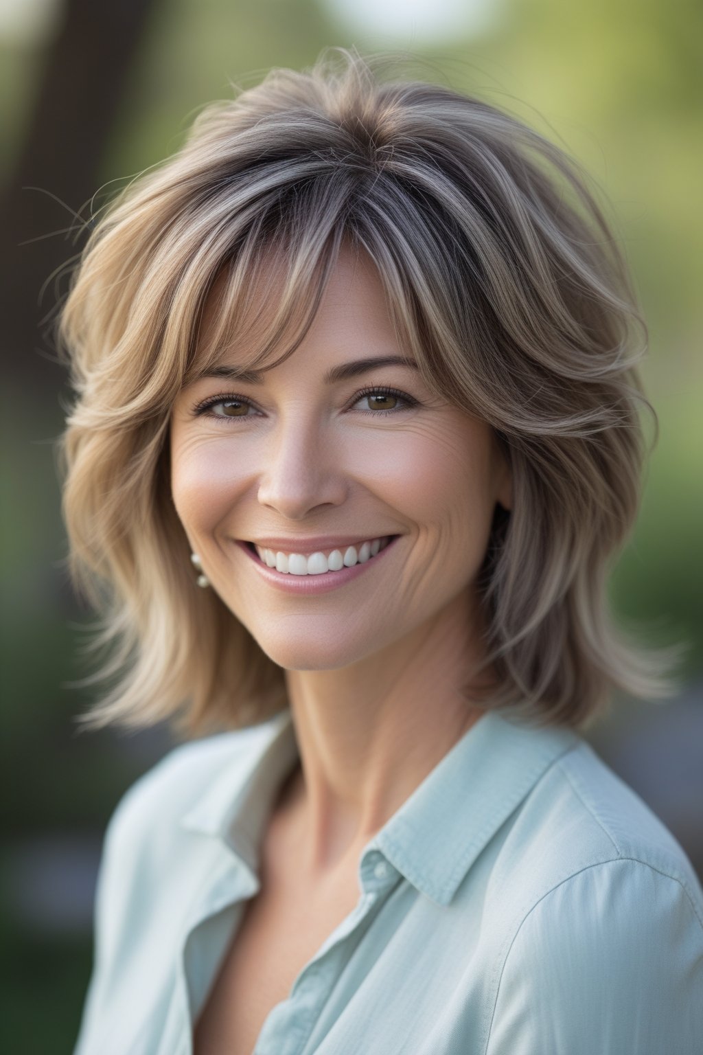 Headshot of a smiling woman outdoors with shoulder-length feathered hair and a natural background.