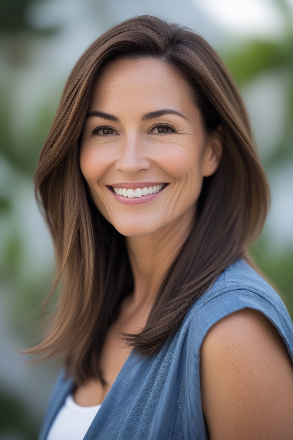 Headshot of a smiling woman outdoors with a sleek long lob hairstyle.