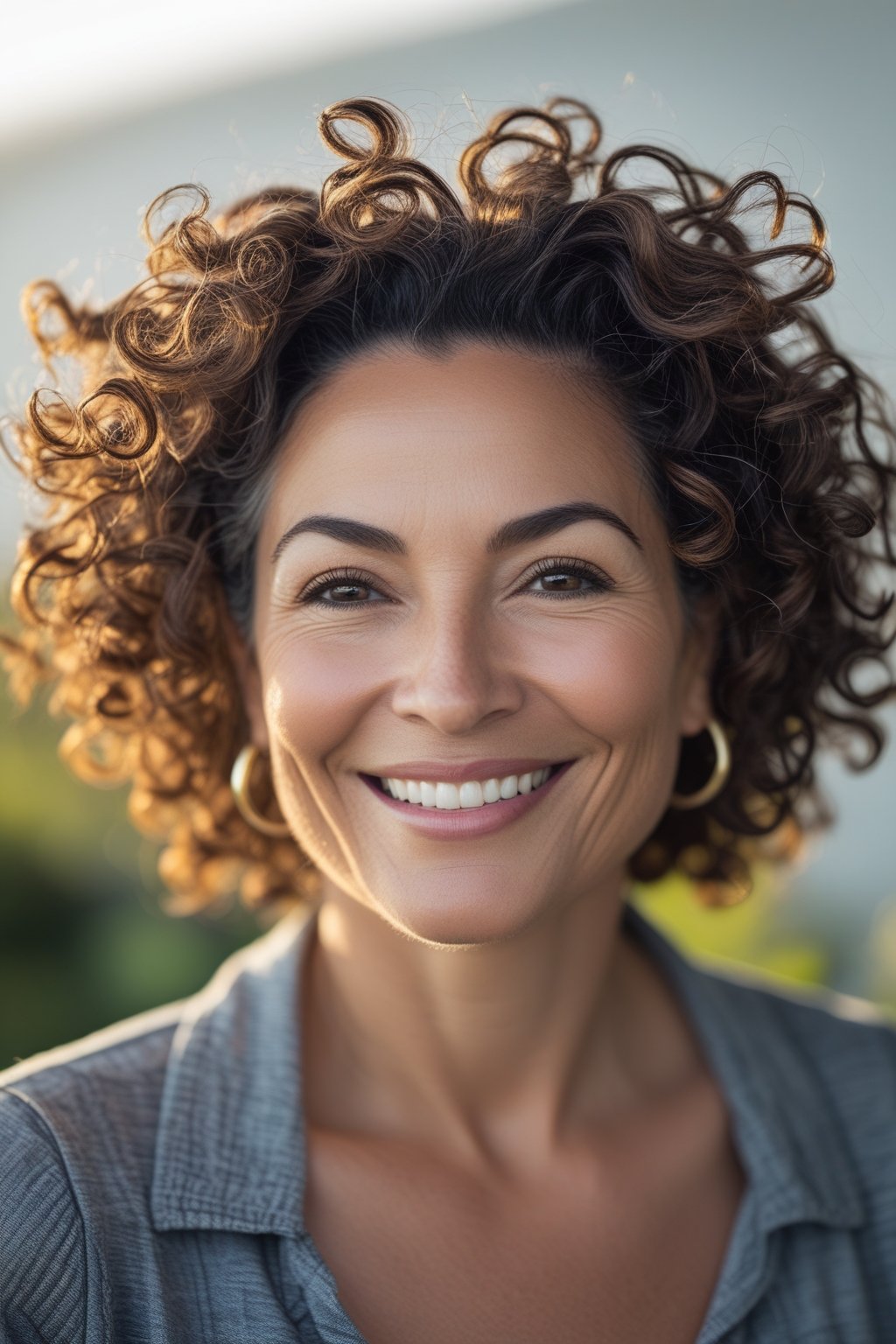 Headshot of a smiling woman with voluminous curly hair outdoors.