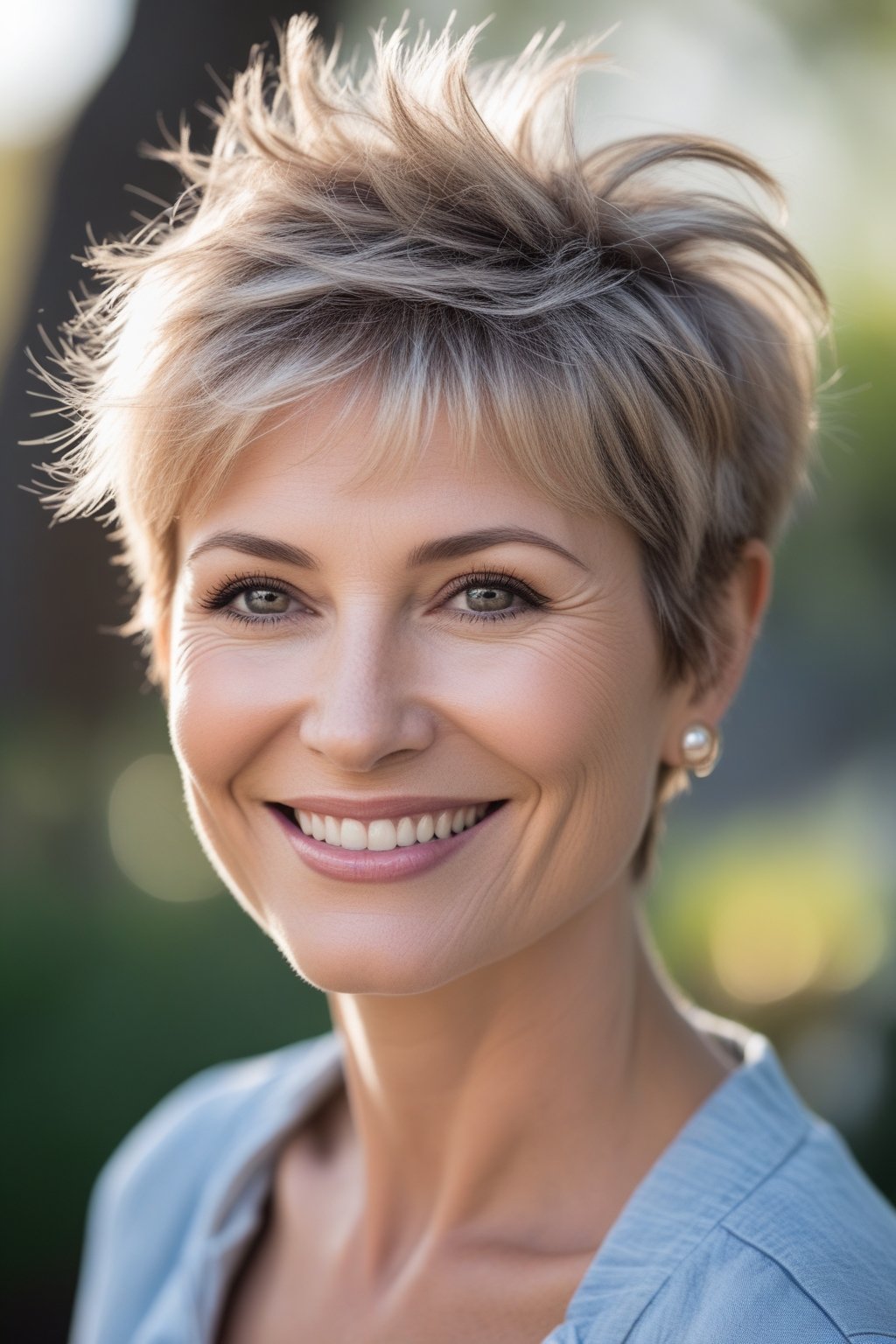 Headshot of a smiling woman outdoors with short tousled hair and natural lighting.