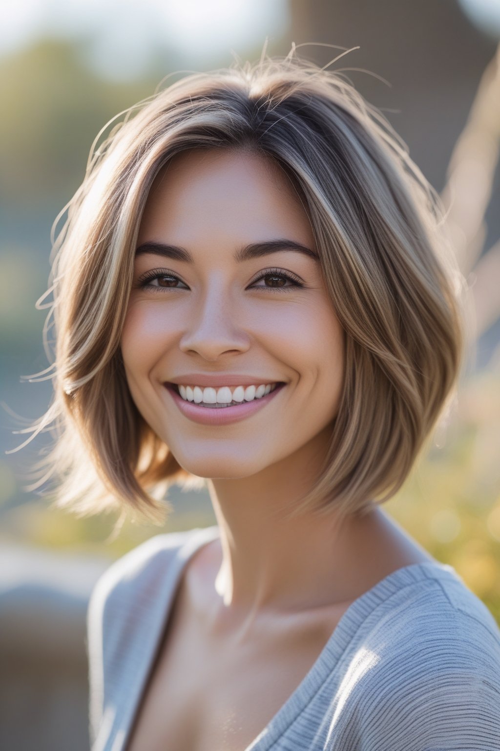 Headshot of a smiling woman outdoors with a blurred natural background.