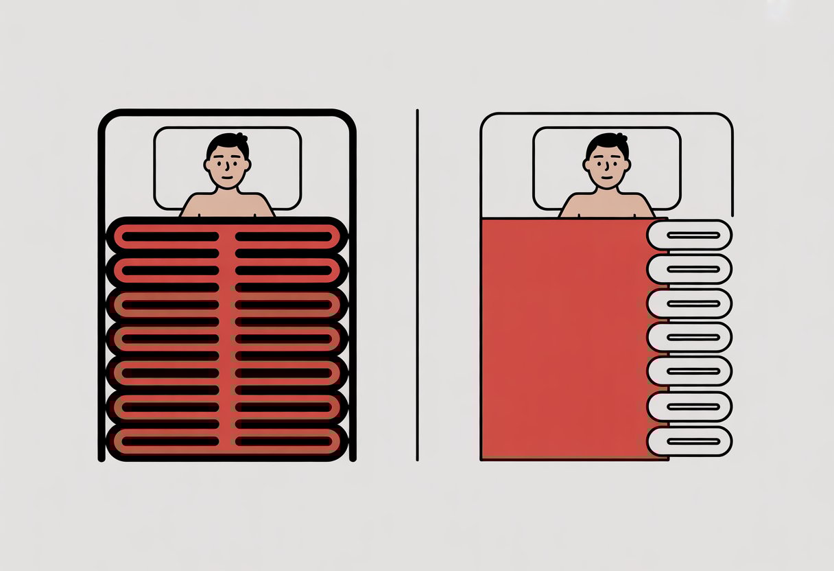A split comic panel showing a person lying comfortably on a pocket coil mattress on one side and the same person appearing restless on a mattress with compressed coils on the other side.