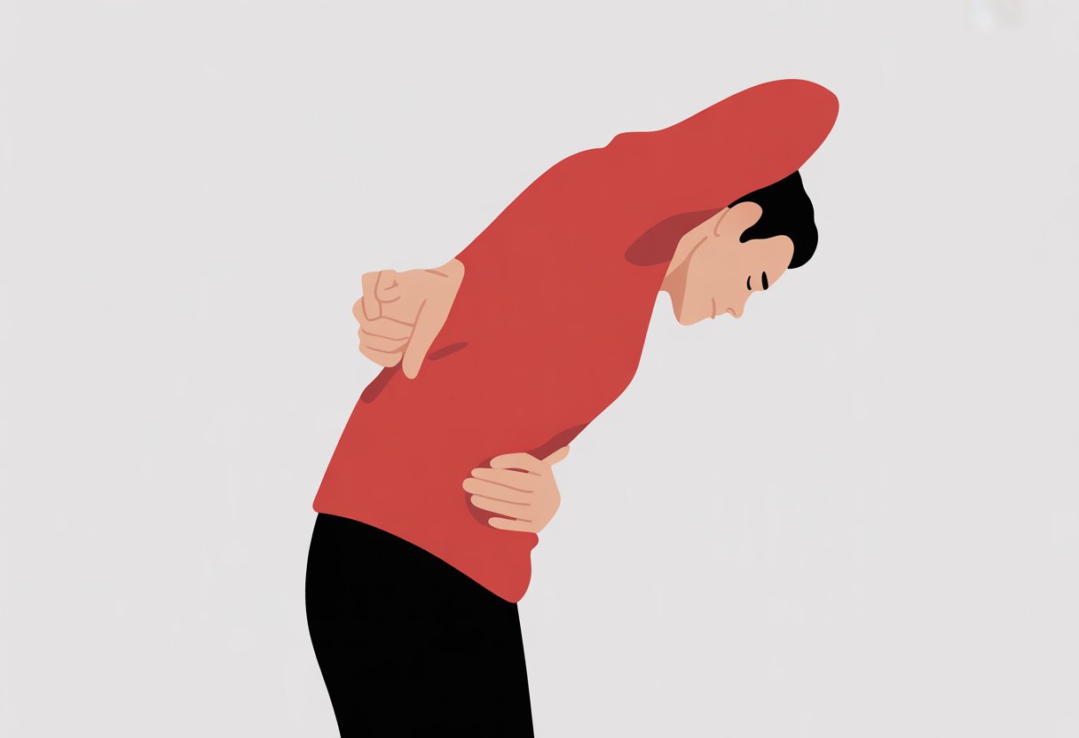 A person stretching their back by bending sideways with one arm overhead and the other on their hip.