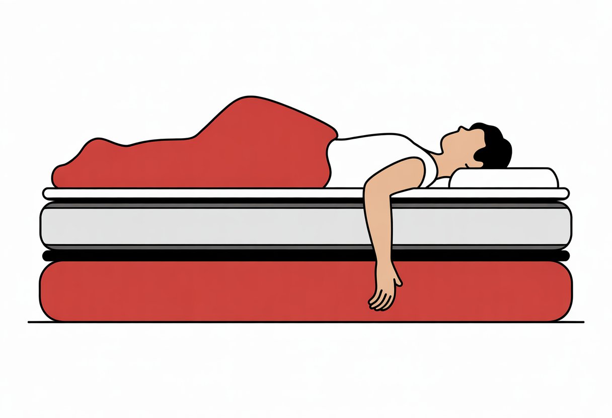 A side view illustration of three different mattresses stacked with a person lying down on top, showing a relaxed posture to suggest back pain relief.
