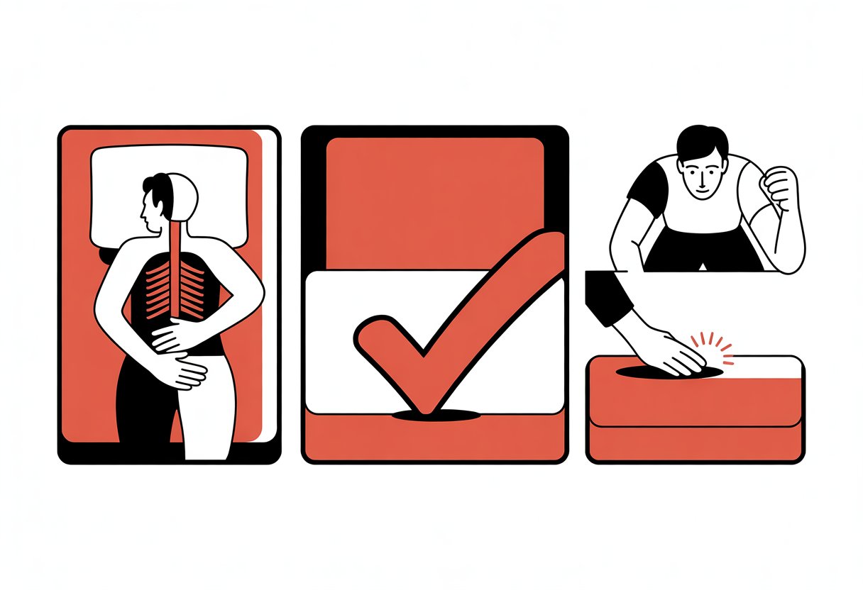 Three simple illustrations showing a person lying on a mattress with proper spine alignment, a mattress marked for firmness, and a person pressing down on a mattress to test support.