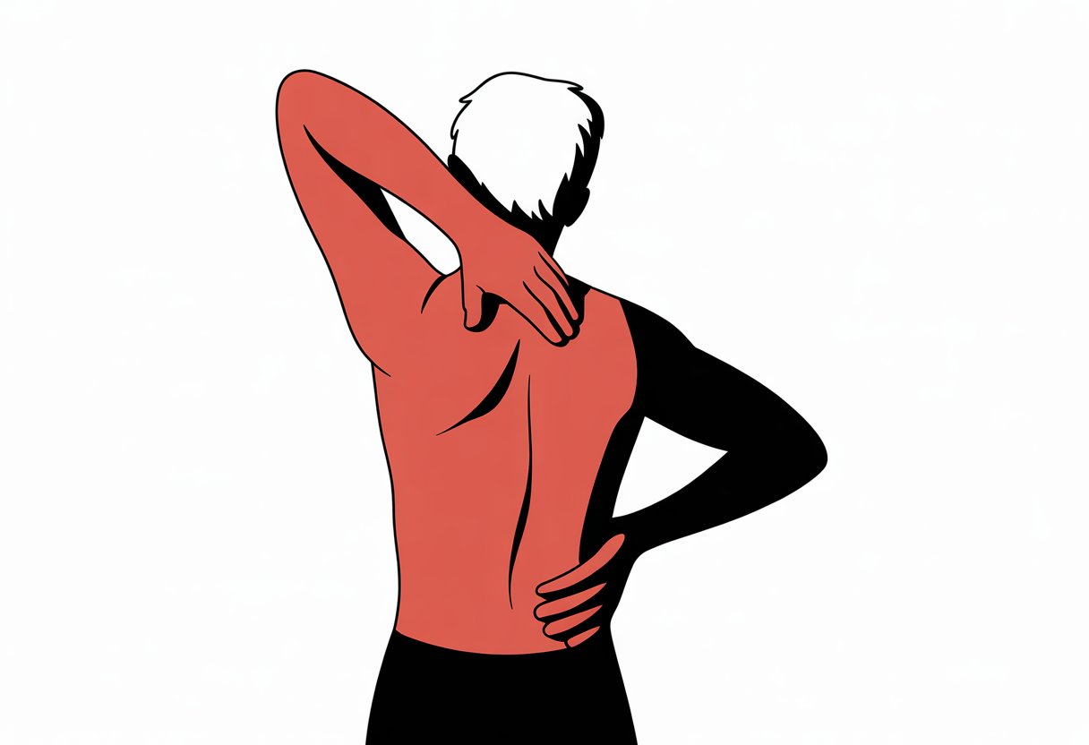 A person gently stretching their back with one arm overhead and the other supporting their lower back.