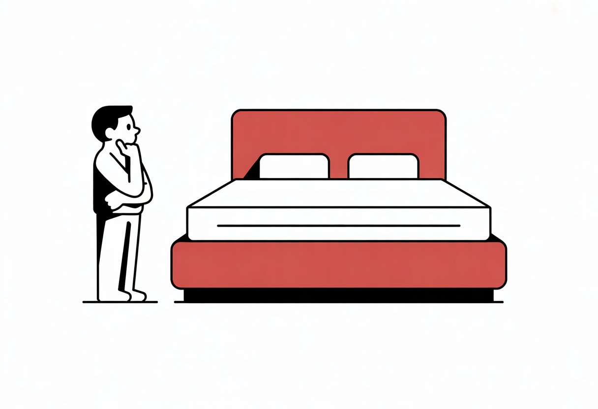 A person stands thoughtfully next to a mattress on a bed frame in a simple bedroom scene.