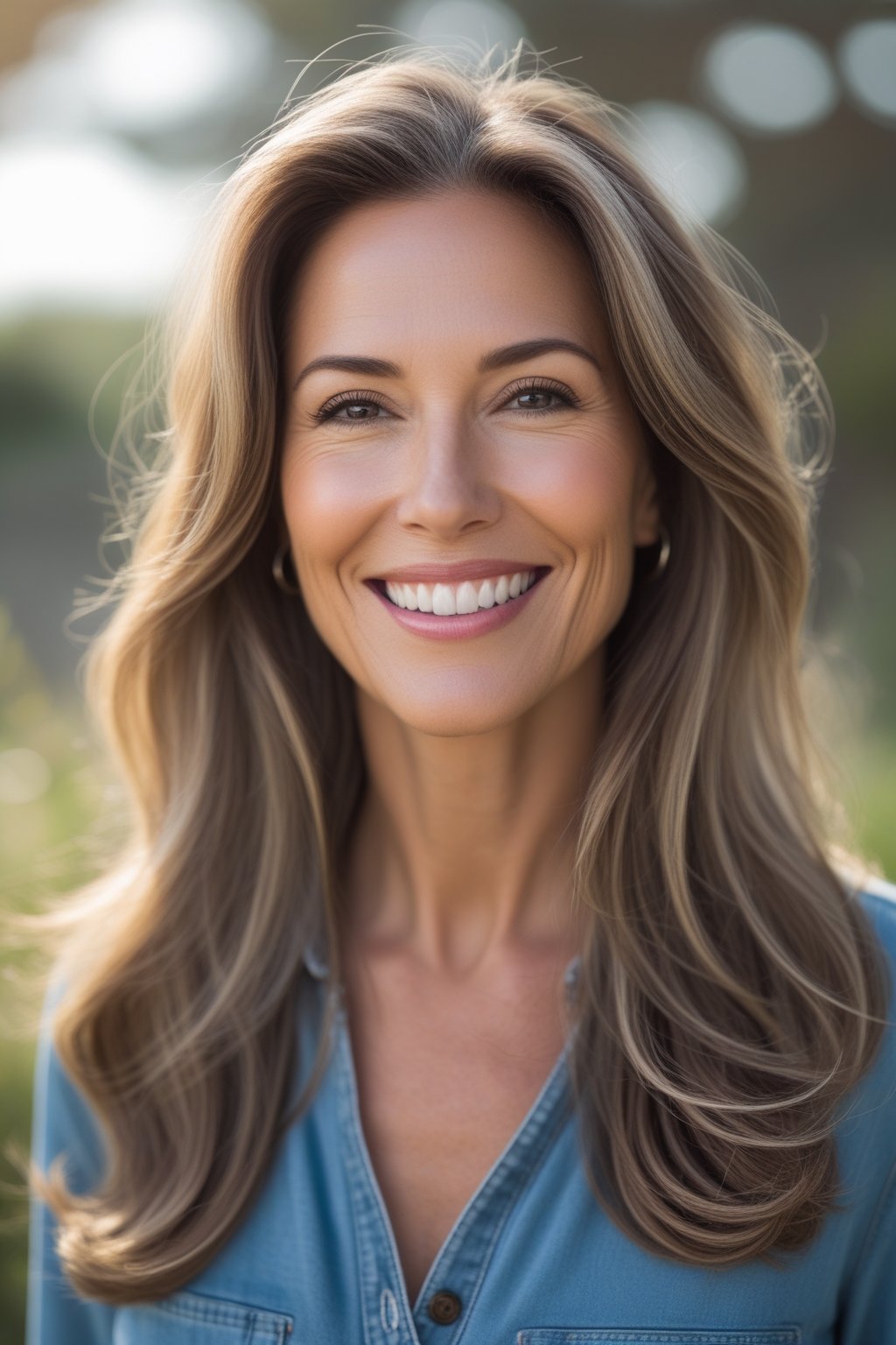 Headshot of a smiling woman outdoors with long hair and natural lighting.