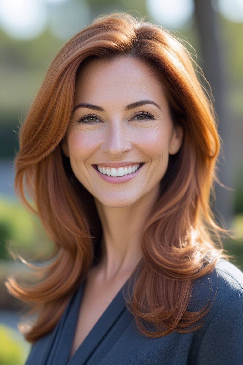 Headshot of a smiling woman outdoors with long layered copper hair.