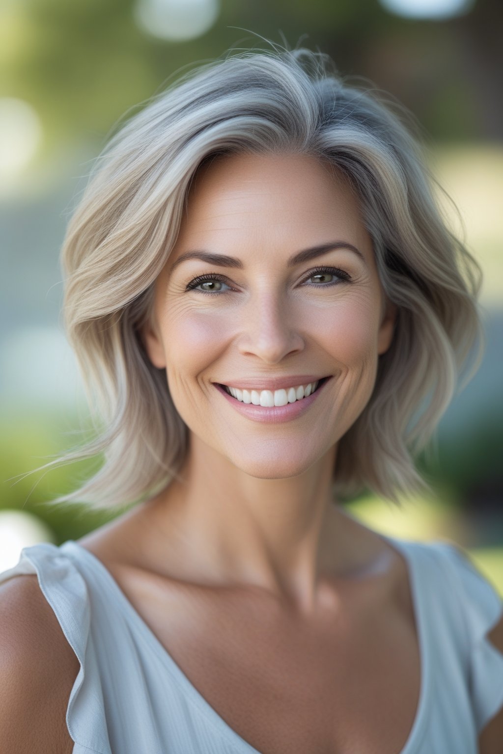 Headshot of a smiling woman outdoors with light ash blonde hair and natural skin tone.