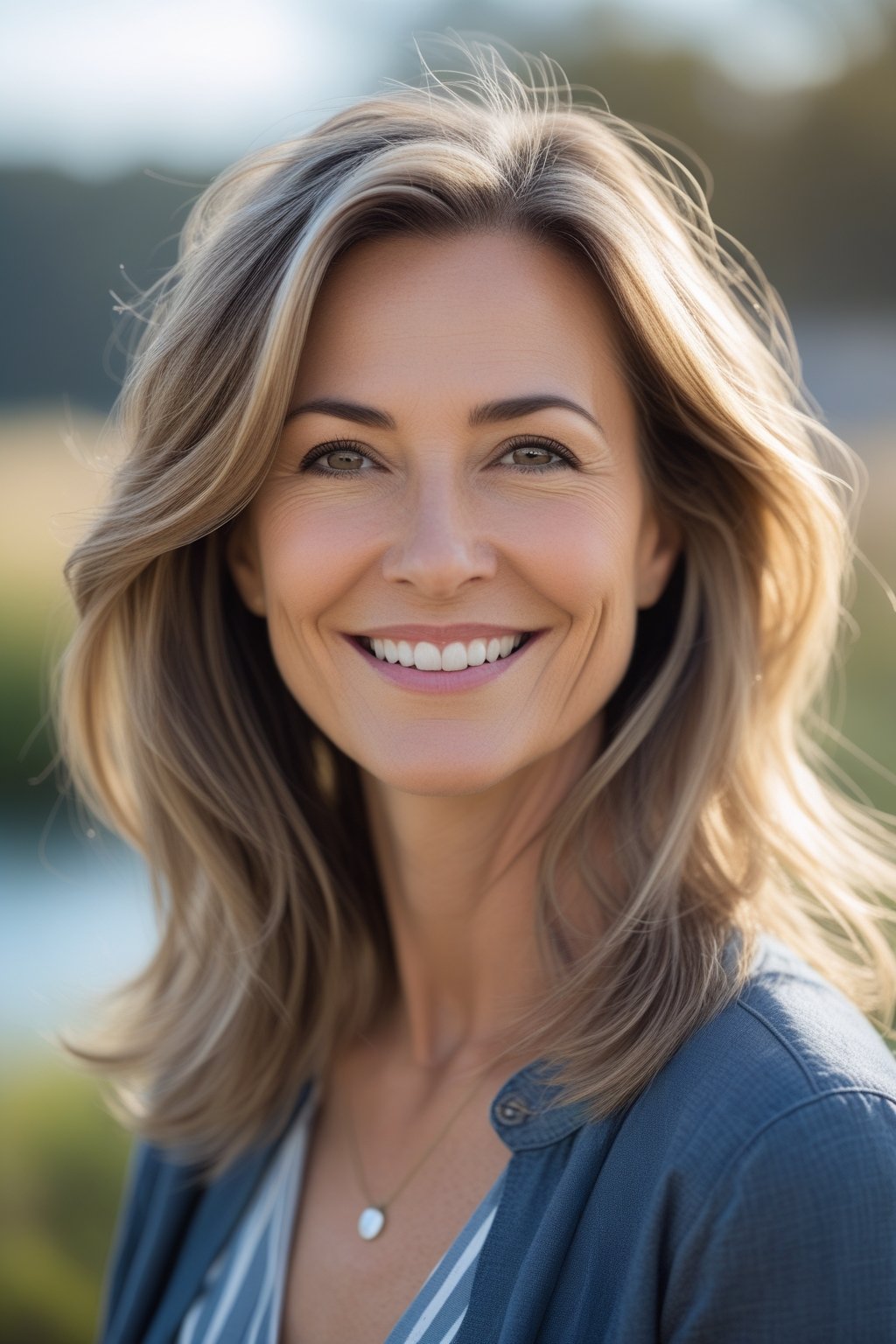 Headshot of a smiling woman outdoors with long layered hair and natural skin.