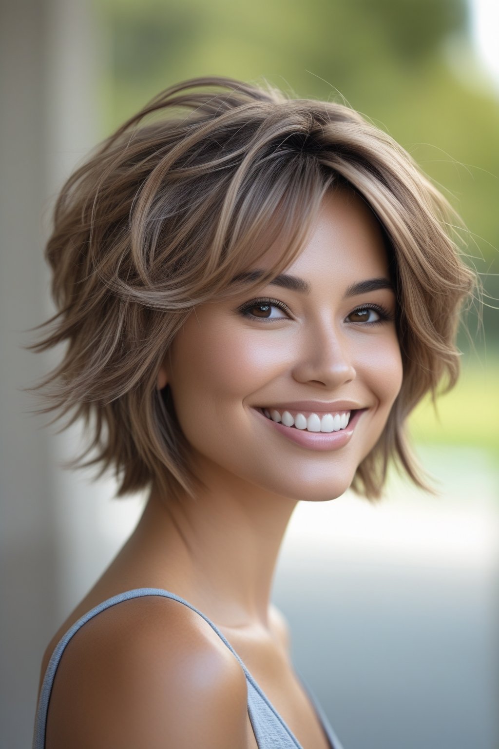 Headshot of a smiling woman outdoors with layered, textured hair and natural skin tone.