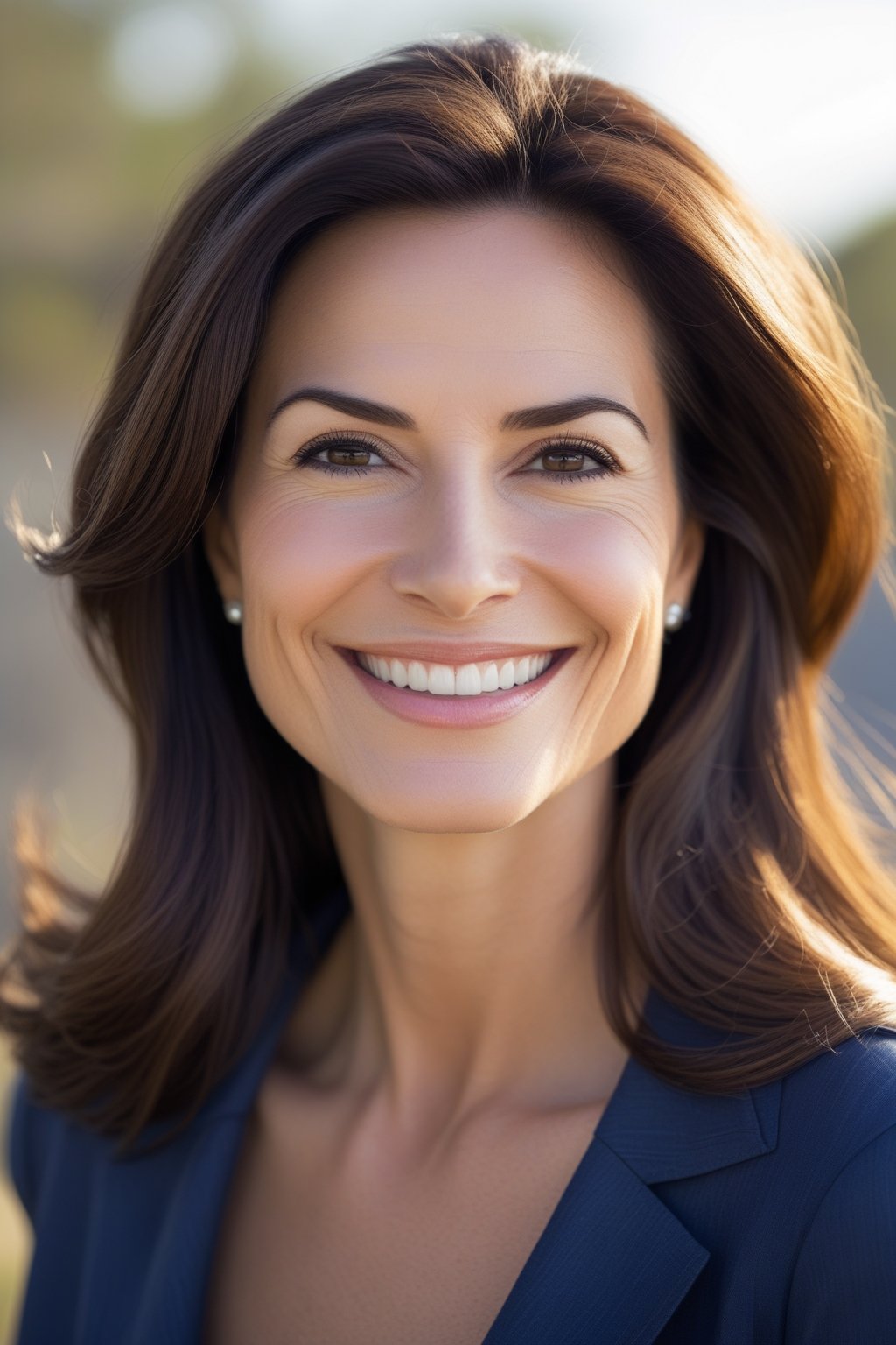 Headshot of a smiling woman outdoors with long deep brown hair and a natural background.