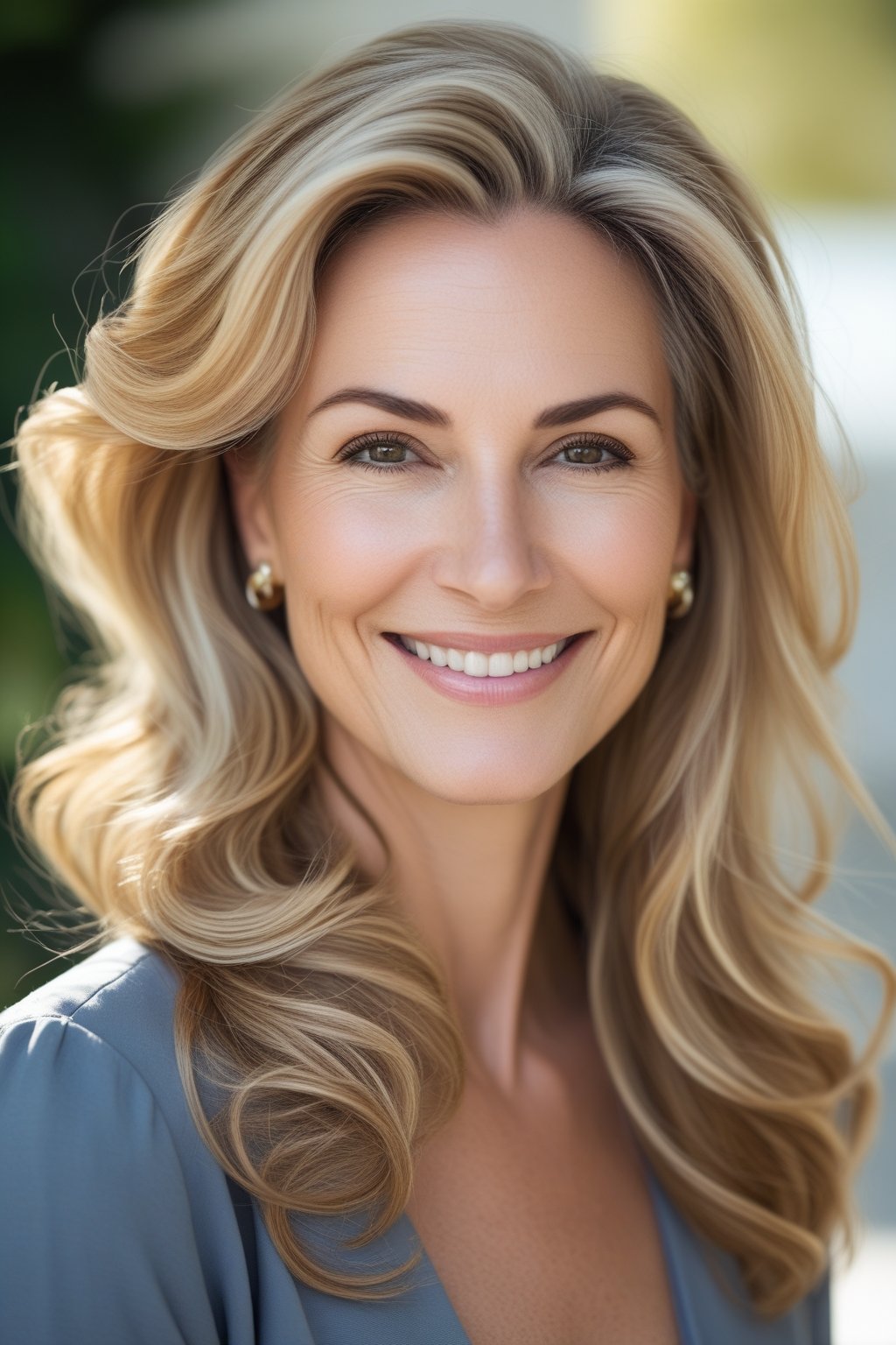 Headshot of a smiling woman with long golden blonde hair outdoors.