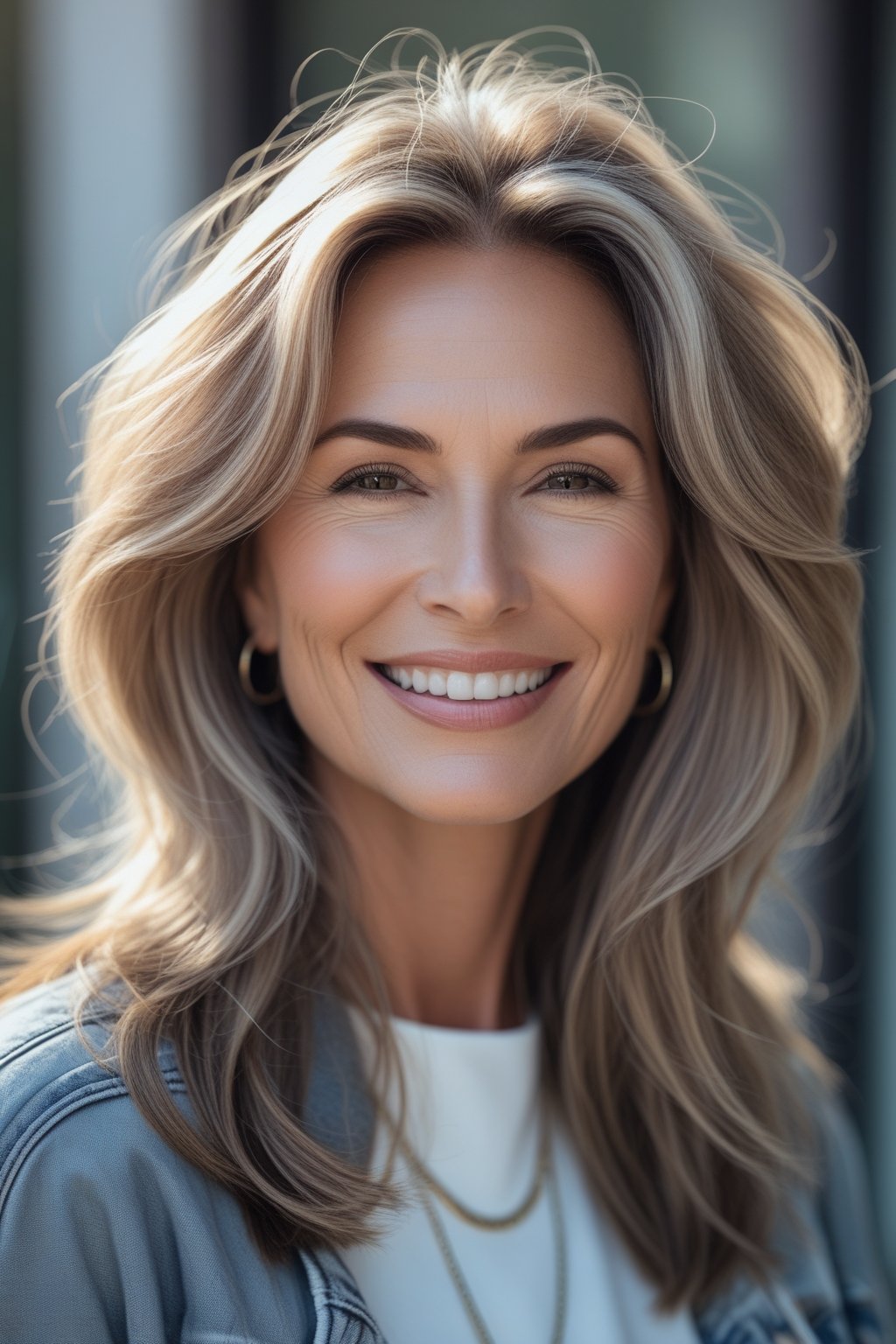 Headshot of a smiling woman outdoors with long layered hair and natural skin tone.