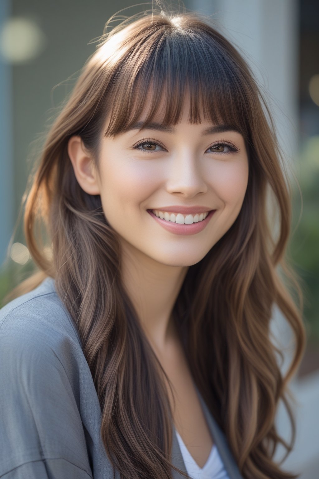 Headshot of a smiling woman outdoors with long hair and short bangs.