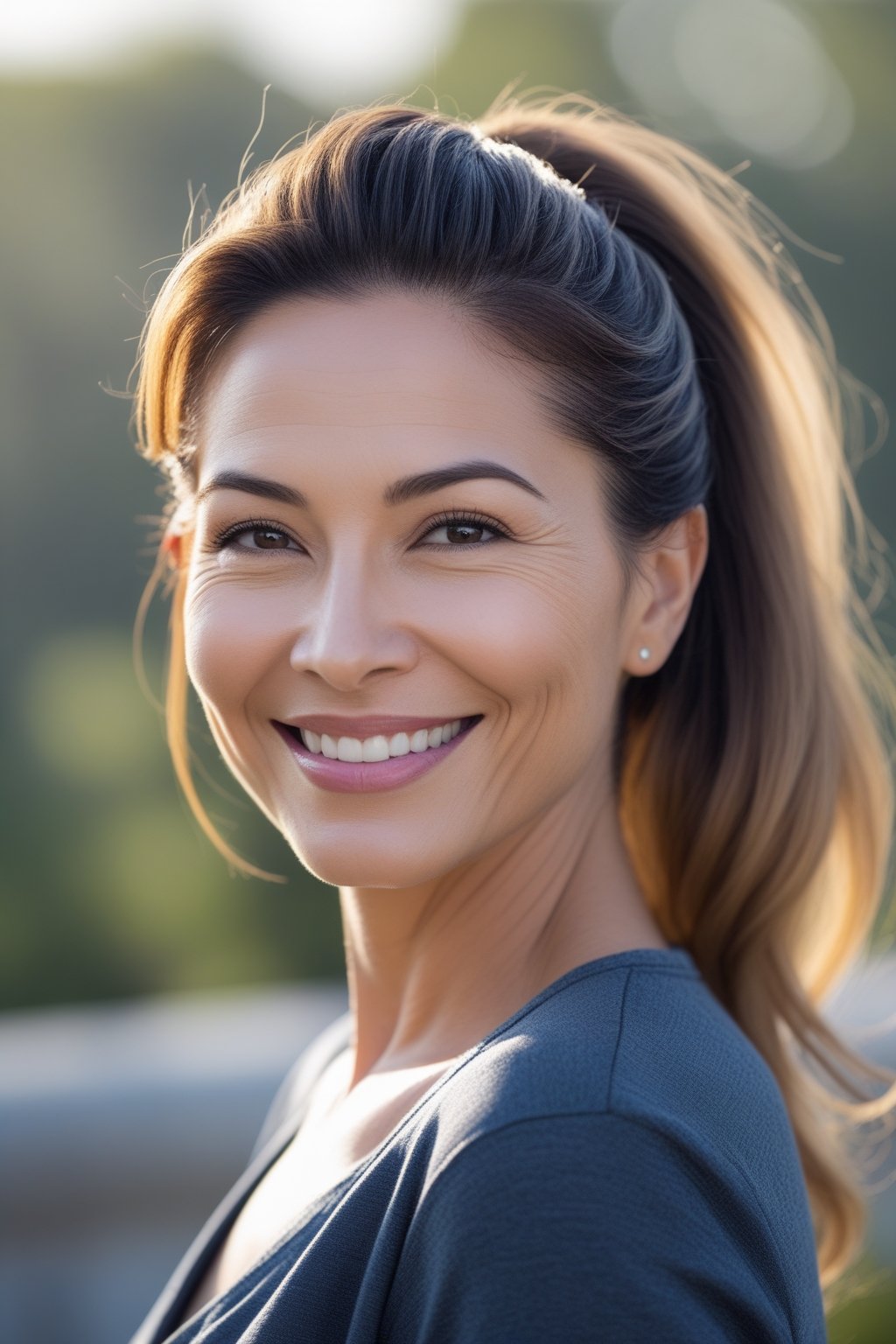 Headshot of a smiling woman outdoors with her hair pulled back in a voluminous ponytail.