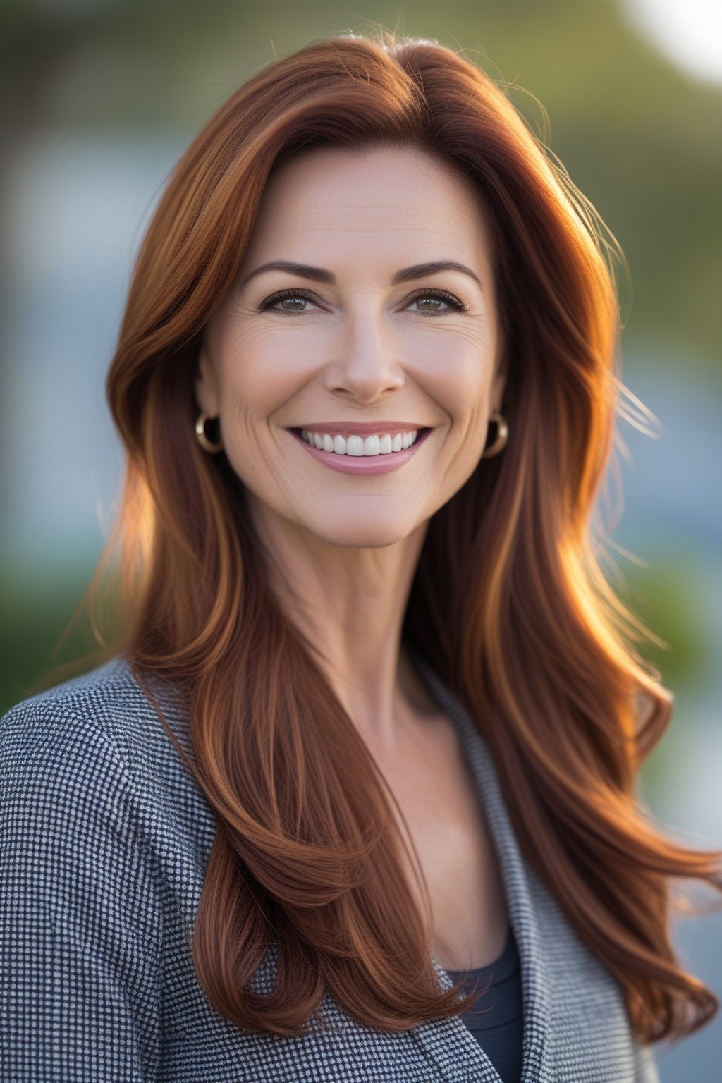 Headshot of a smiling woman with long auburn-highlighted hair outdoors.