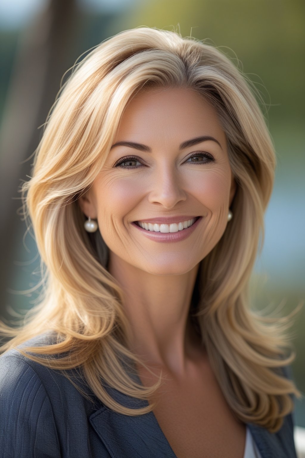 A smiling woman with bright honey blonde layered hair outdoors, shown in a close-up headshot.