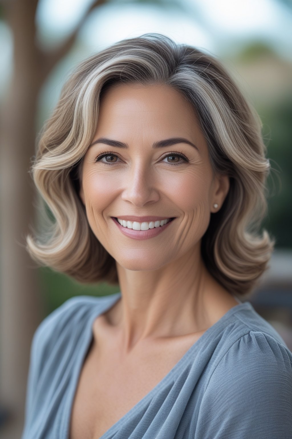 Smiling woman outdoors with soft wavy hair and natural skin tone.